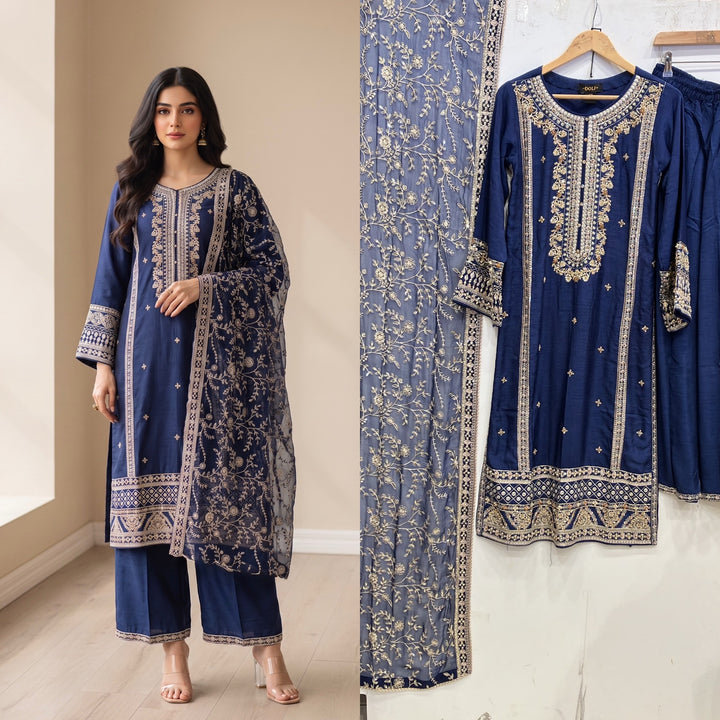 361- Blue Embroidered Silk 3 Piece Suit