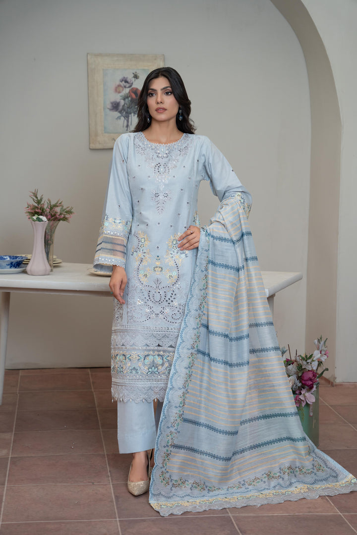 1142B - Light Blue Embroidered Linen 3 Piece suit
