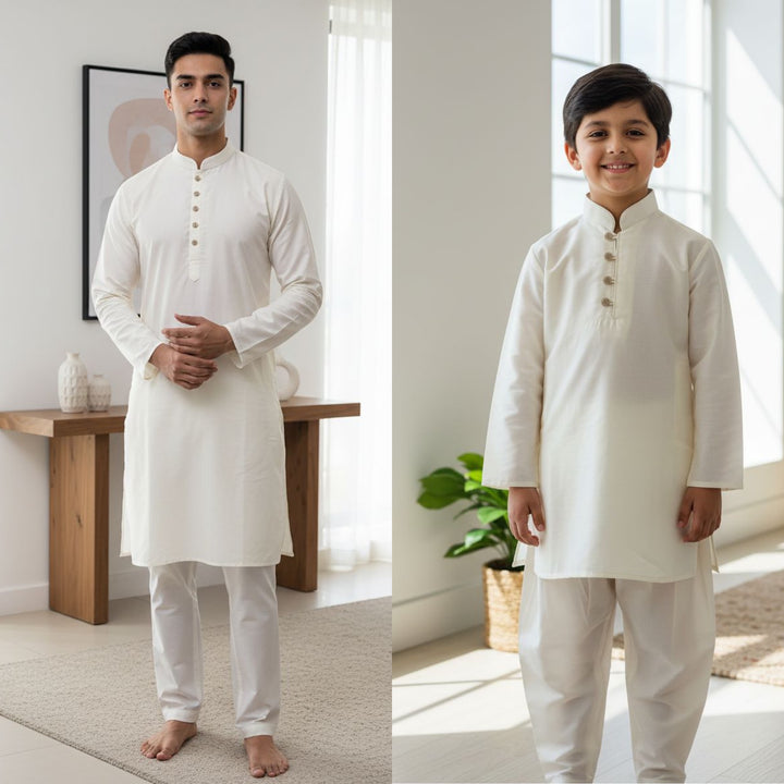 CK603B-  Cream cotton satin kameez set for Men & Boys
