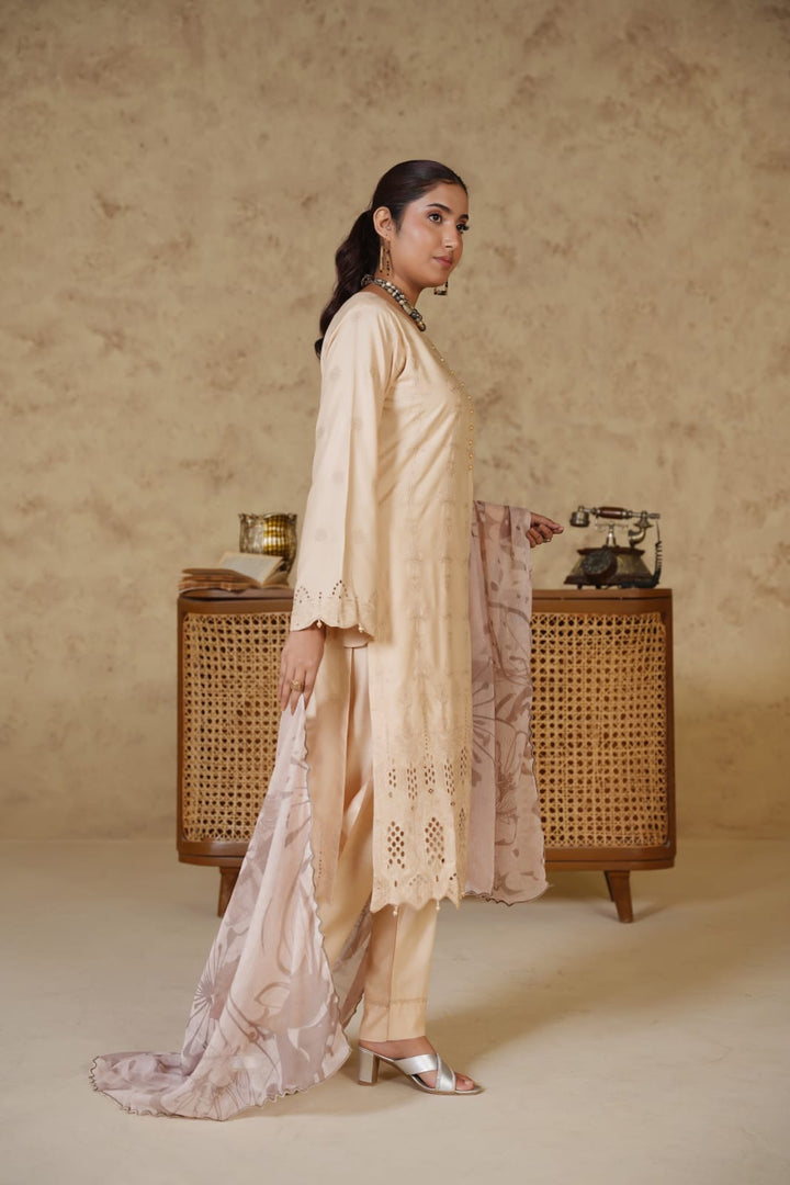 1167E- BEIGE LINEN CHIKANKARI 3 PIECE SUIT