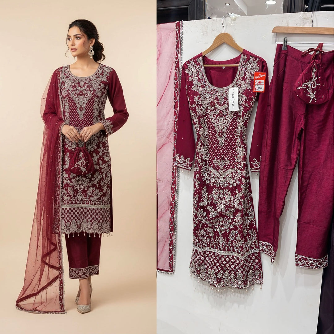 151C  - PLUM EMBROIDERED & EMBELLISHED NET SUIT