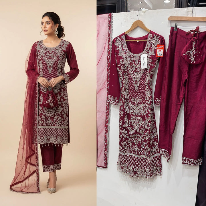151C  - PLUM EMBROIDERED & EMBELLISHED NET SUIT