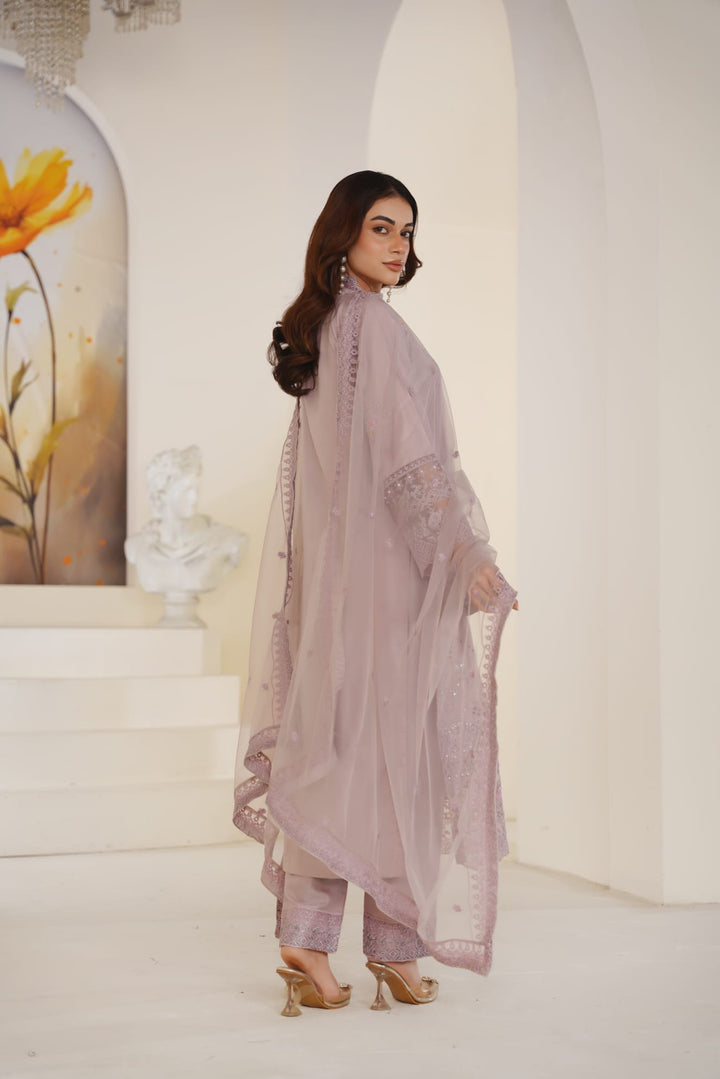 1165B - Mauve Embroidered Linen Chikankari 3 Piece suit