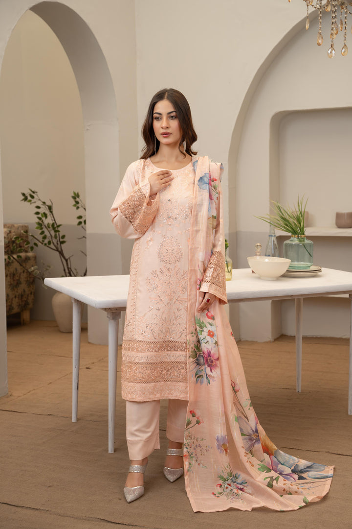71A - Maria b inspired Peachy Pink Embroidered Cotton 3 piece suit