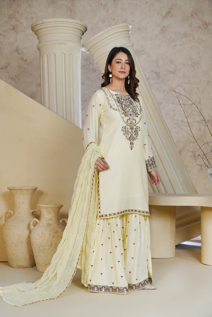 1162C - Cream Embroidered Linen 3 Piece Sharara suit