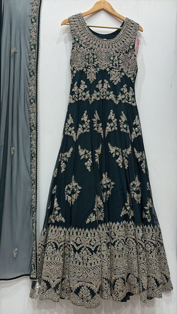 7015A- Green Embroidered & Embellished net long dress