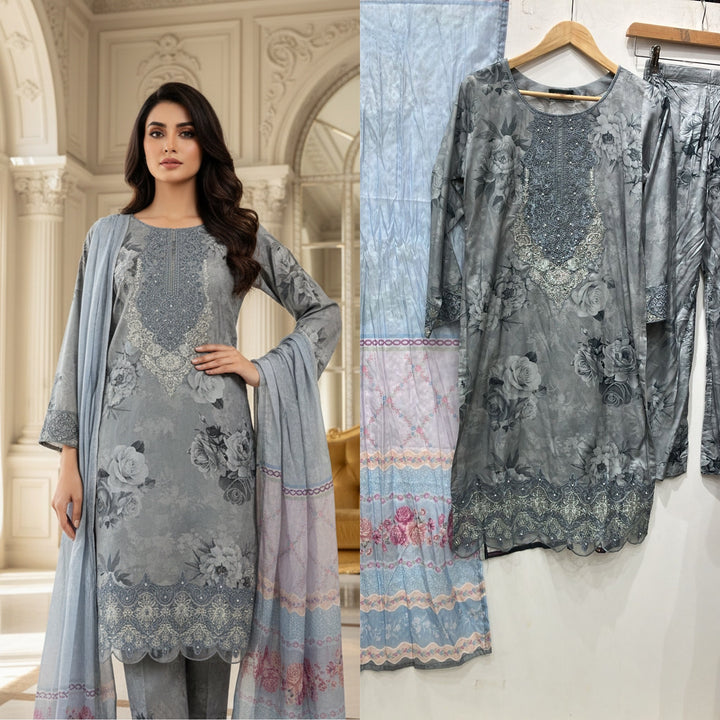 KB06 - EMBROIDERED LINEN PRINT 3 PIECE SUIT