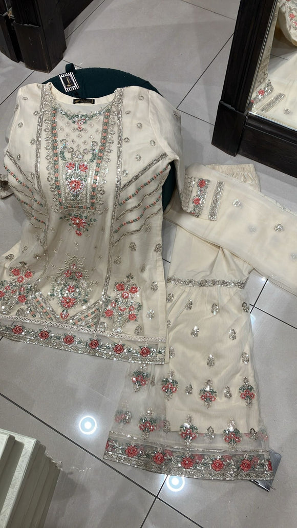 EMBROIDERED CHIFFON SHARARA 3 PIECE SUIT 304C