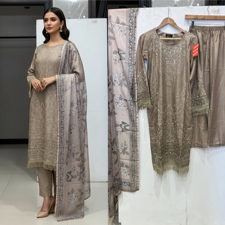 1183D - Beige Embroidered linen 3 piece suit
