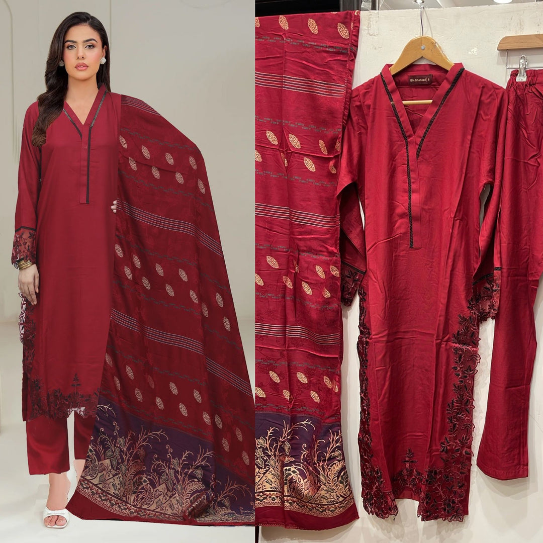 DL01- RED DHANAK LINEN EMBROIDERED SUIT