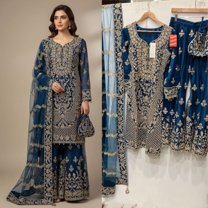 178D - TEAL BLUE EMBROIDERED & EMBELLISHED NET SUIT