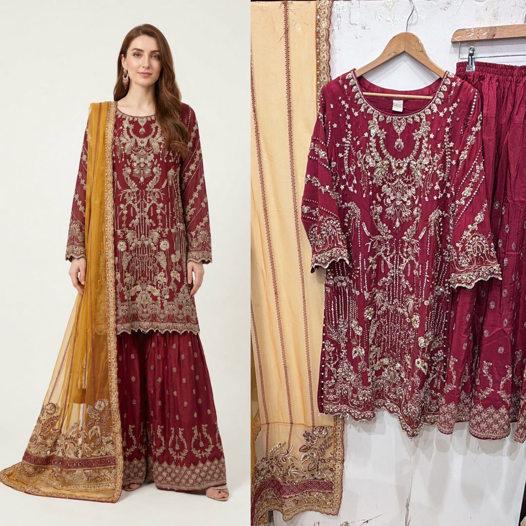 380D Embroidered Chiffon 3 Piece Sharara Suit - East meets west clothing 