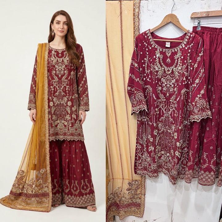 380D Embroidered Chiffon 3 Piece Sharara Suit - East meets west clothing 