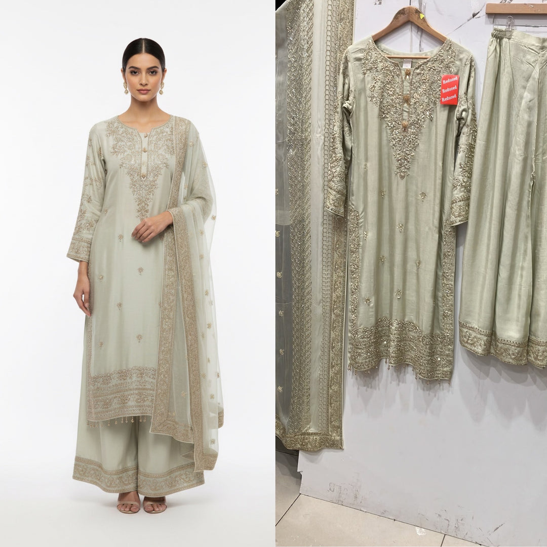 319B - pastel Pistachio Embroidered Silk 3 Piece Pakistani Suit