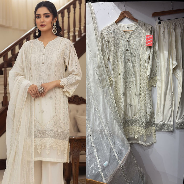 1153D - Ivory Embroidered Linen 3 Piece suit