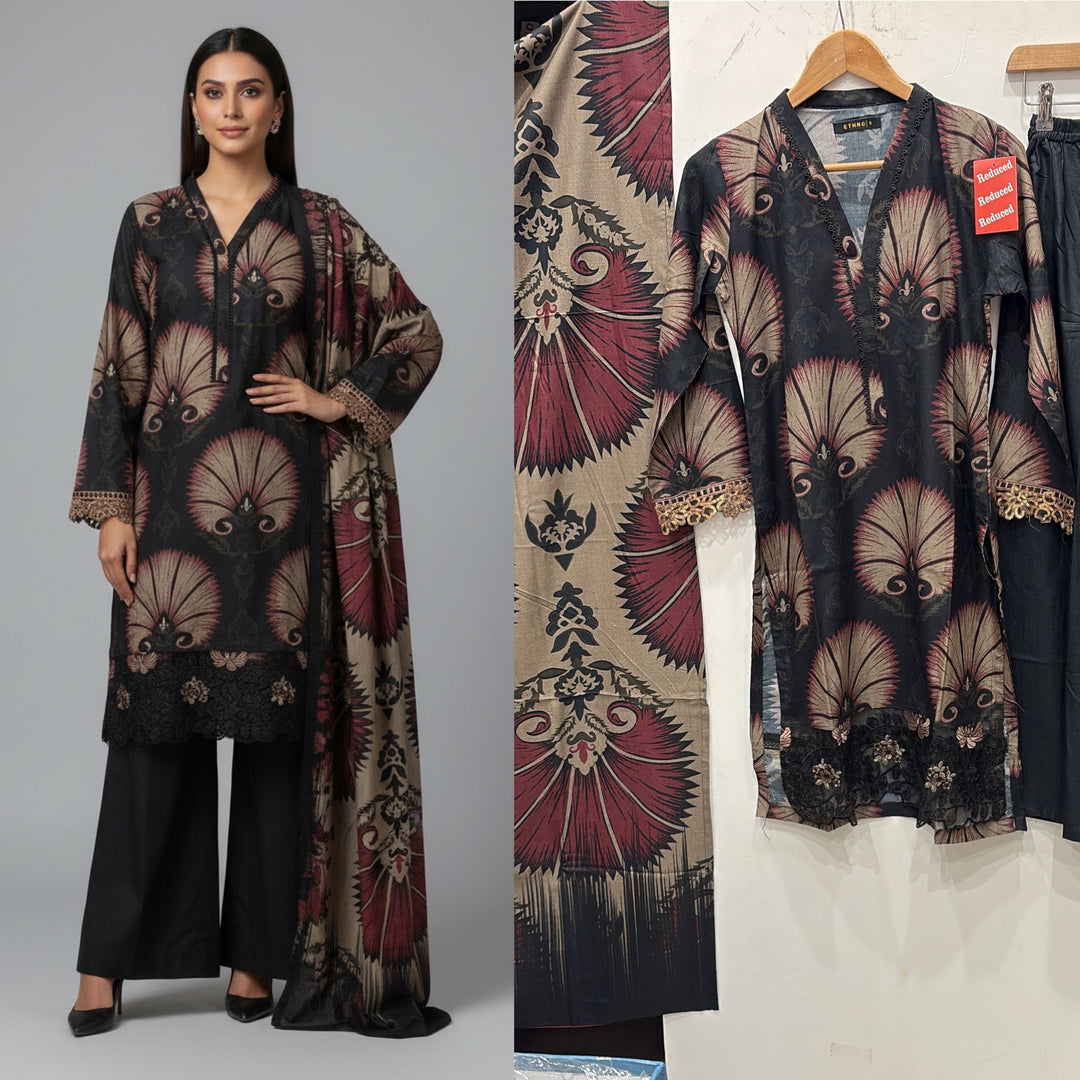 PL02 - EMBROIDERED LINEN PRINT 3 PIECE SUIT