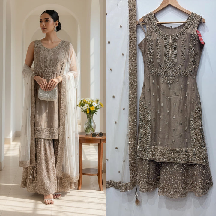 7002A- DARK BEIGE EMBROIDERED & EMBELLISHED SHARARA SUIT