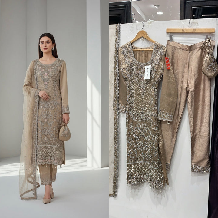 151D  - BEIGE GOLD EMBROIDERED & EMBELLISHED NET SUIT
