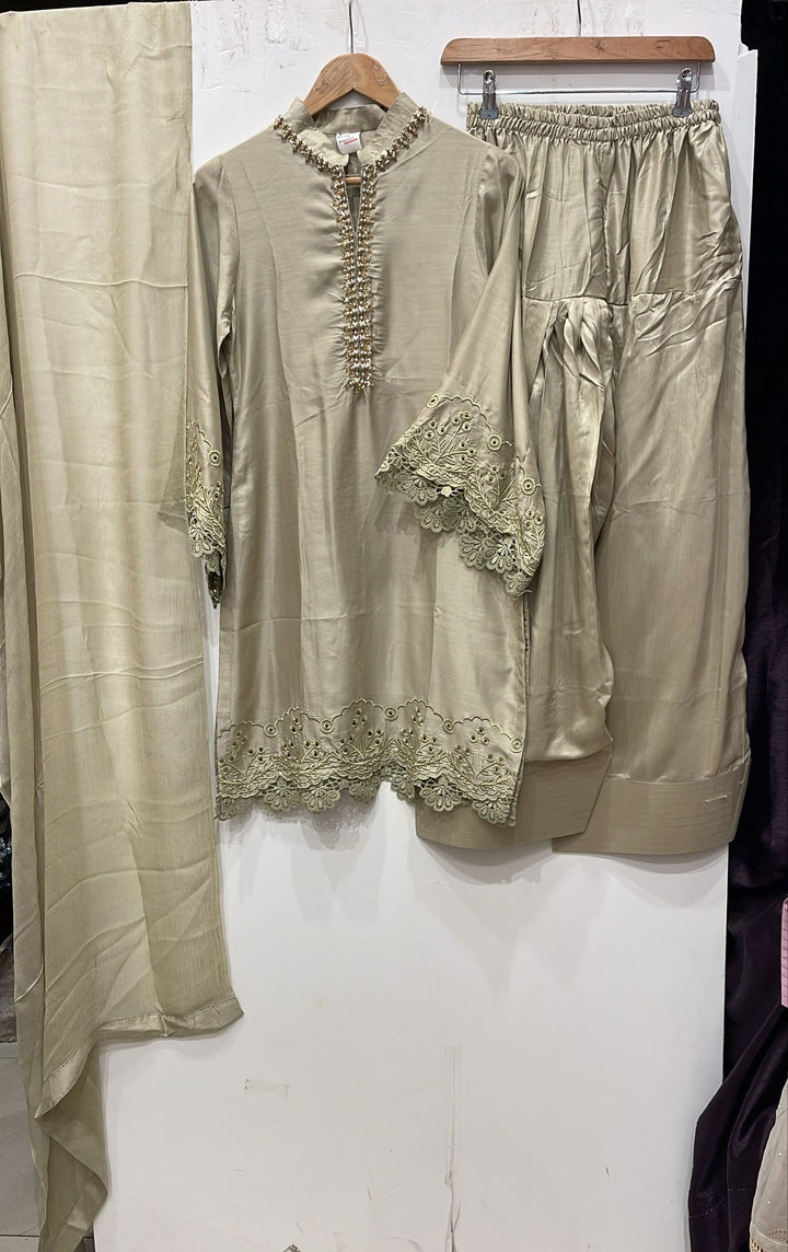 NF06 - Beige Farshi Shalwar Embroidered linen suit
