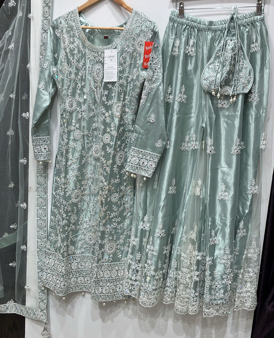 180A - SAGE GREEN EMBROIDERED & EMBELLISHED NET SUIT