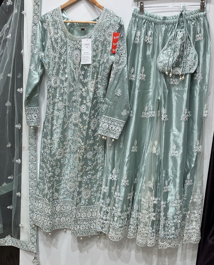 180A - SAGE GREEN EMBROIDERED & EMBELLISHED NET SUIT