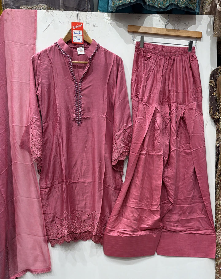 1116F - Dusty Rose Viscose Silk Shirt with Farshi Shalwar & Chiffon Dupatta - East meets west clothing 