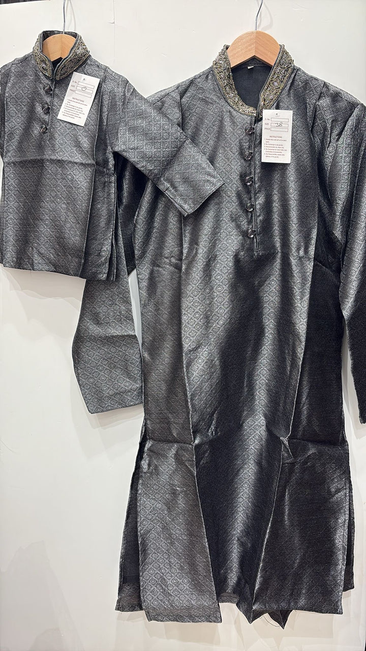 MSJ01 - Dark Grey Embroidered Jacquard Silk Kurta Trousers Set for Men and Boys