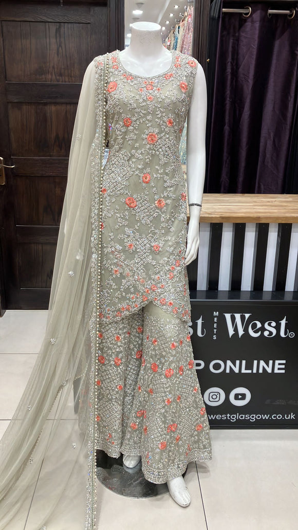HEAVILY EMBROIDERED NET SHARARA SUIT 166A