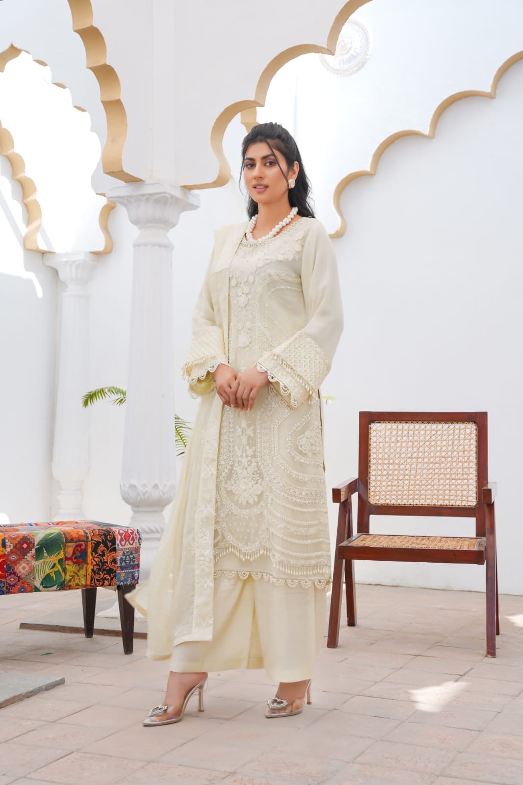 356A - Maria b inspired off-white Embroidered chiffon suit