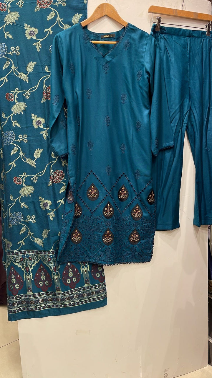 GF03 - TEAL FEROZI DHANAK LINEN EMBROIDERED SUIT