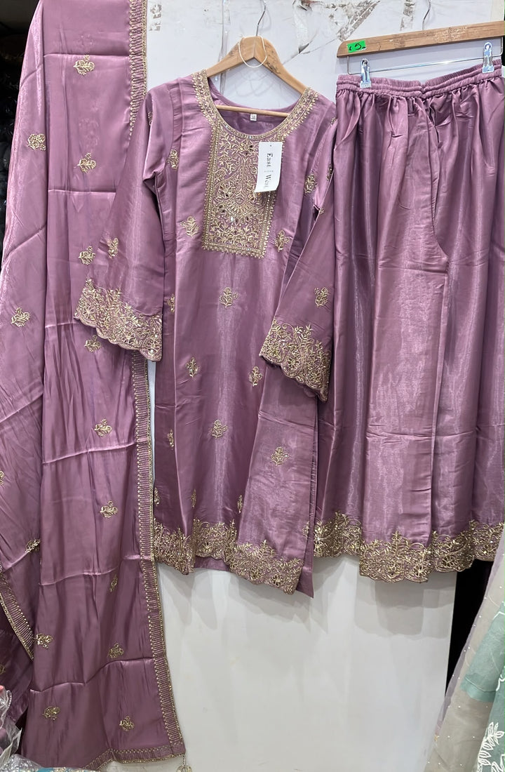 315C- PURPLE EMBROIDERED SHIMMER SILK 3 PIECE SUIT