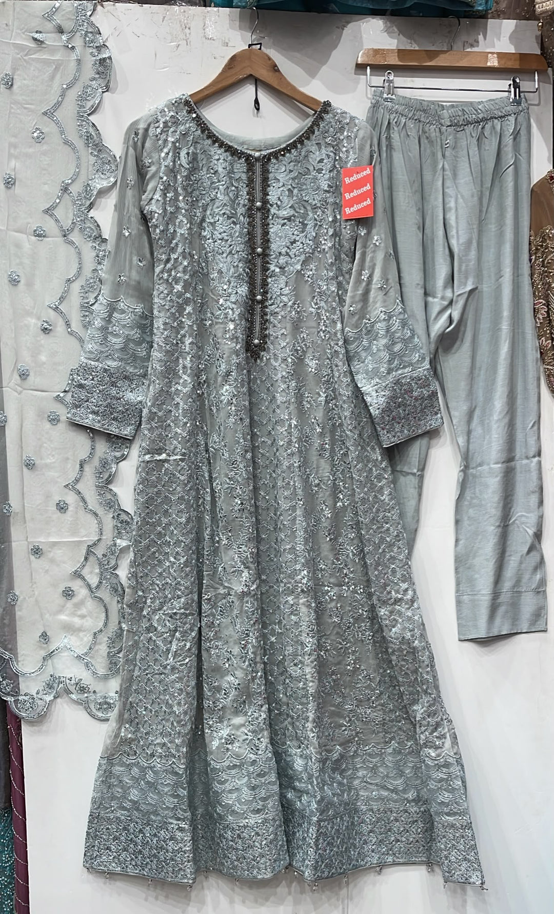 1915B - GREY CHIFFON EMBROIDERED LONG DRESS - East meets west clothing 