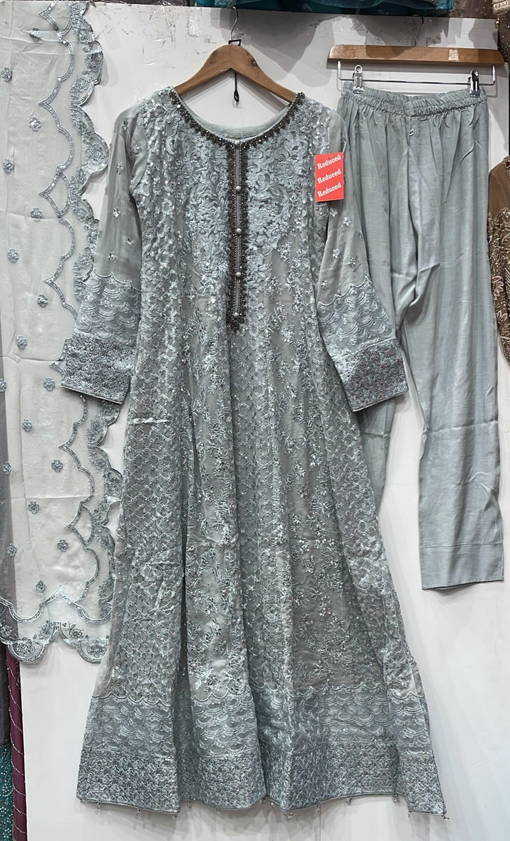 1915B - GREY CHIFFON EMBROIDERED LONG DRESS - East meets west clothing 