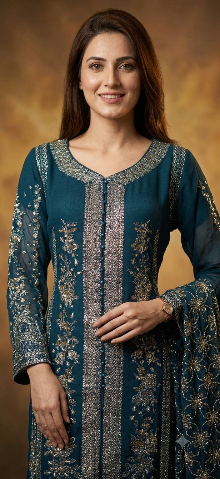 317C - TEAL EMBROIDERED CHIFFON 3 PIECE SUIT