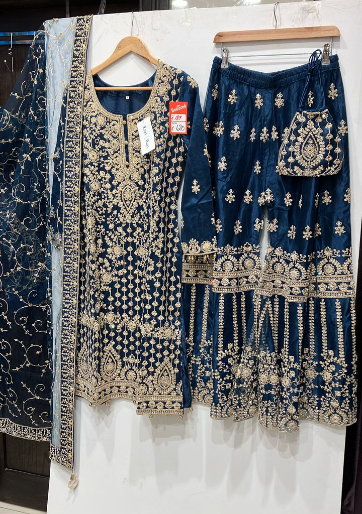 179A - BLUE EMBROIDERED & EMBELLISHED NET SUIT