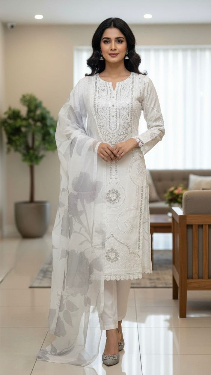 OFF-WHITE EMBROIDERED LINEN 3 PIECE SUIT 086D