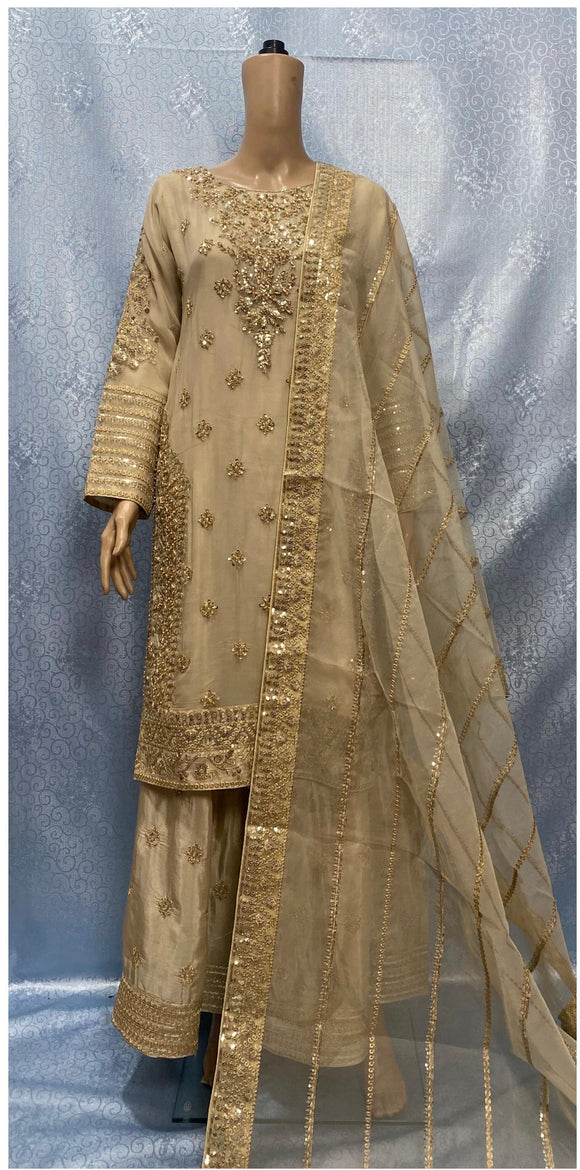 BEIGE GOLD CHIFFON EMBROIDERED 3 PIECE SUIT 363C