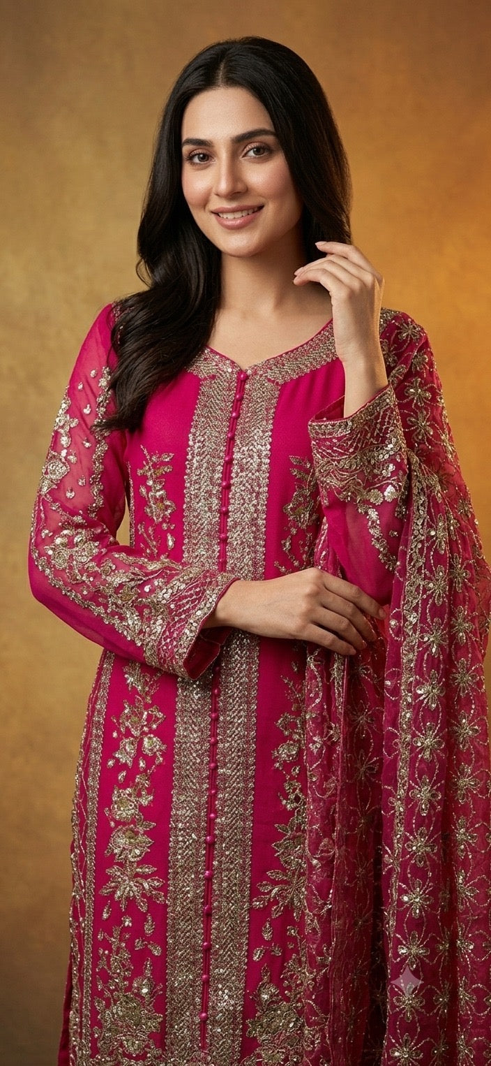 317A - FUCHSIA PINK EMBROIDERED CHIFFON 3 PIECE SUIT