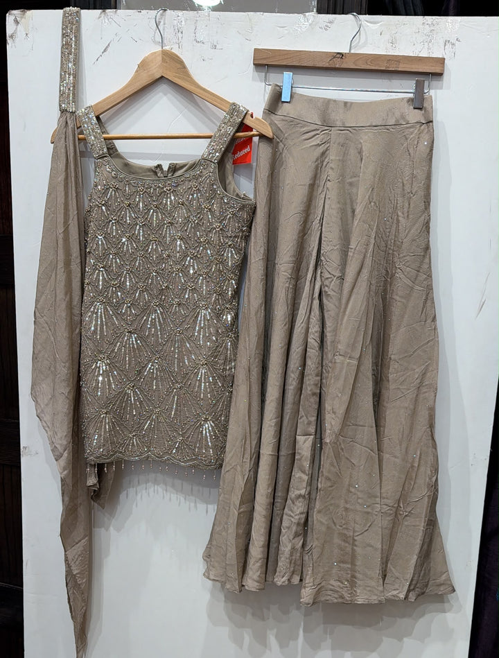 3114B - Girls’ Grey Embroidered Sharara dress with choker Dupatta