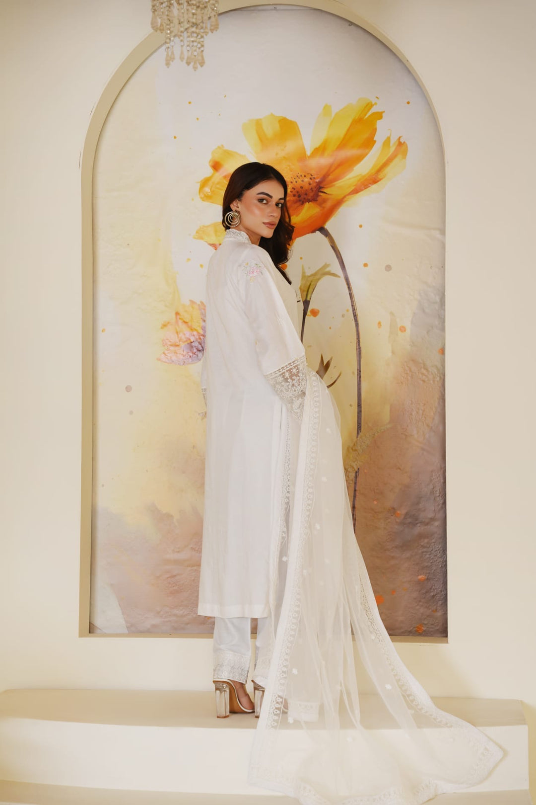 1165C - White Embroidered Linen Chikankari 3 Piece suit