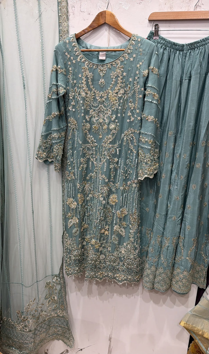 380A Embroidered Chiffon 3 Piece Sharara Suit - East meets west clothing 