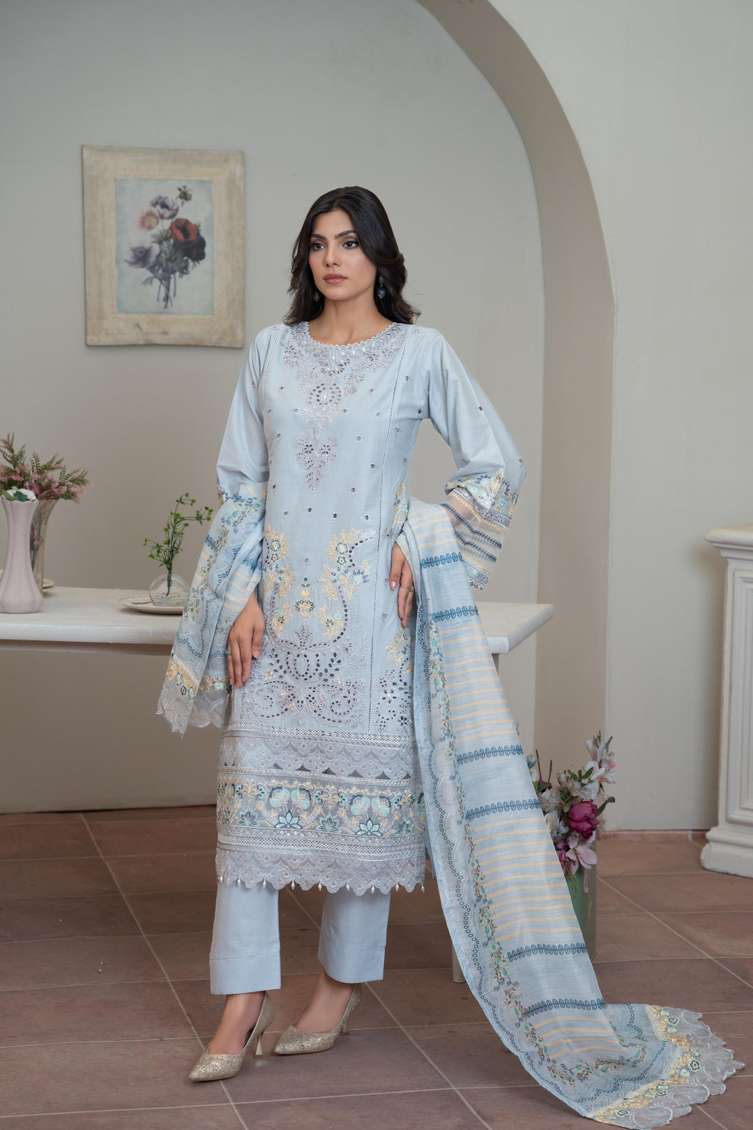 1142B - Light Blue Embroidered Linen 3 Piece suit