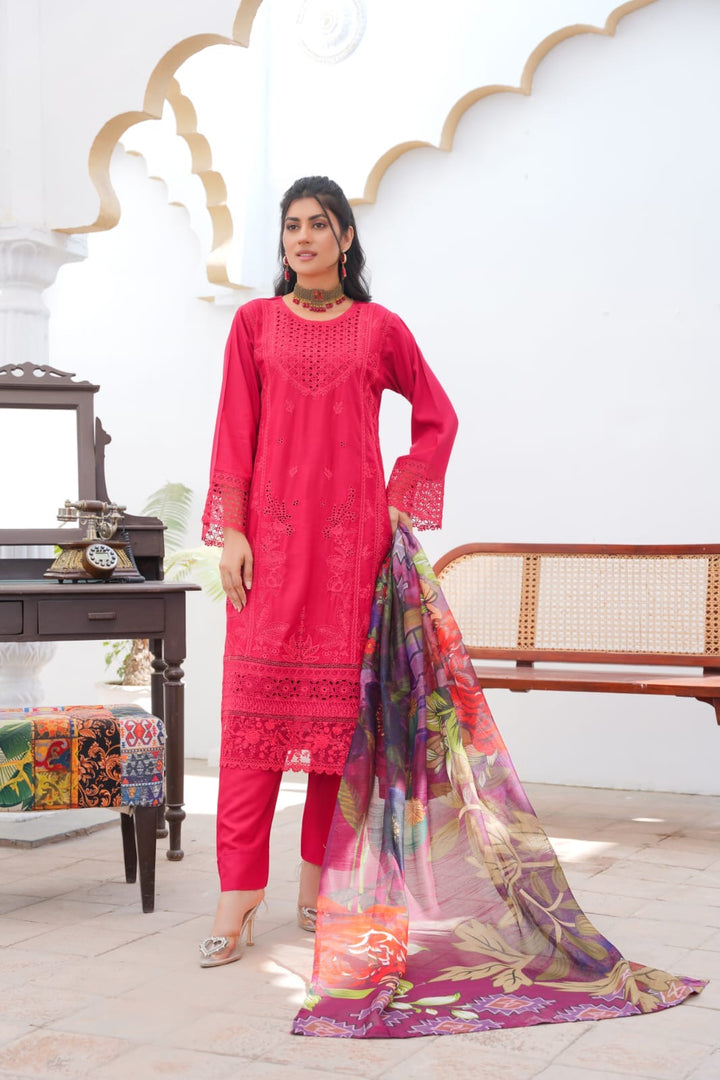 LP07C - RED EMBROIDERED LINEN 3 PIECE SUIT