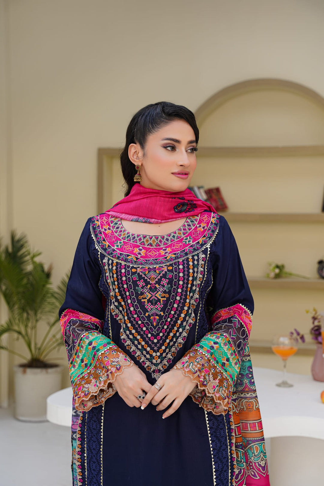 1169A - Blue Embroidered Linen Cotton 3 Piece Gharara suit