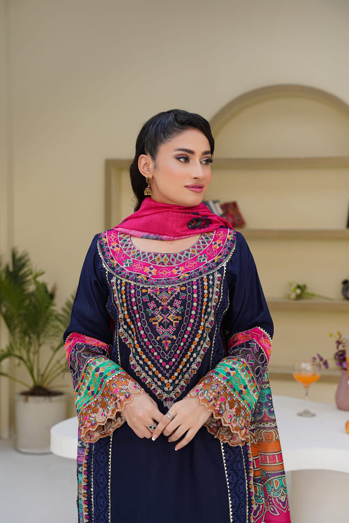 1169A - Blue Embroidered Linen Cotton 3 Piece Gharara suit