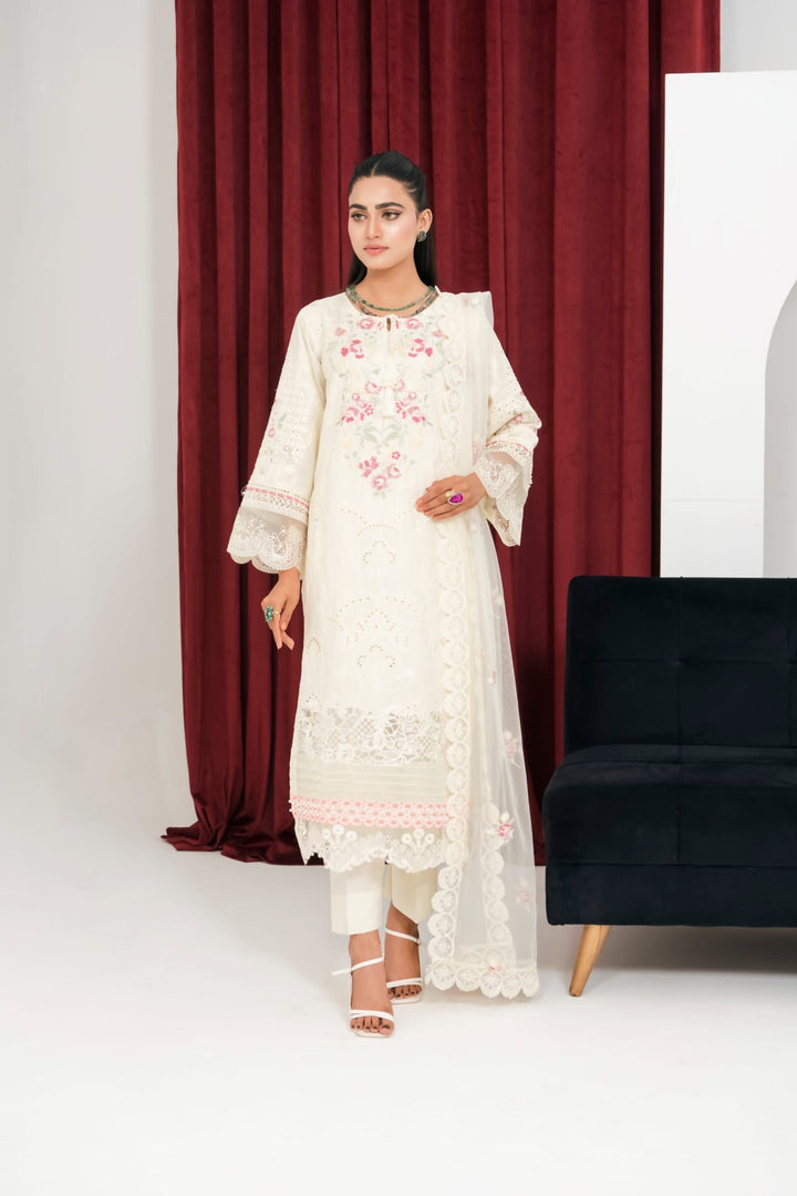 1163B - Ivory Embroidered Linen 3 Piece suit