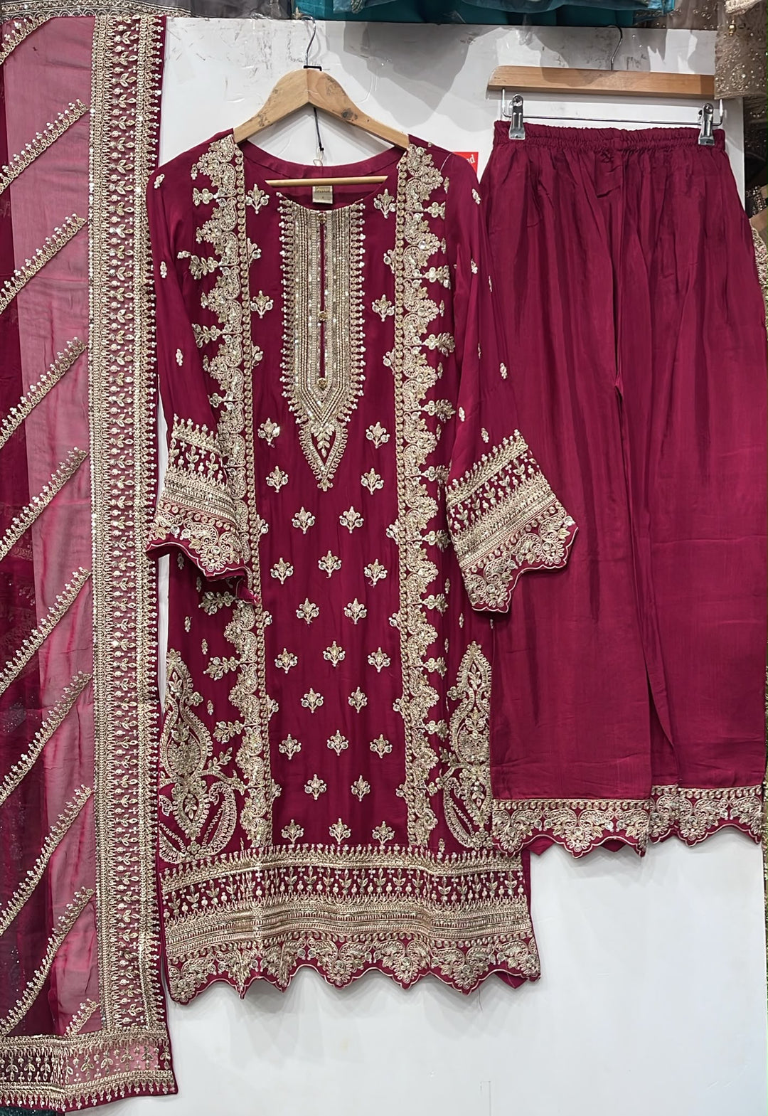 1961A Plum Embroidered Viscose Hand Work 3-Piece Suit - East meets west clothing 
