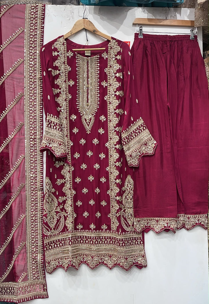 1961A Plum Embroidered Viscose Hand Work 3-Piece Suit - East meets west clothing 