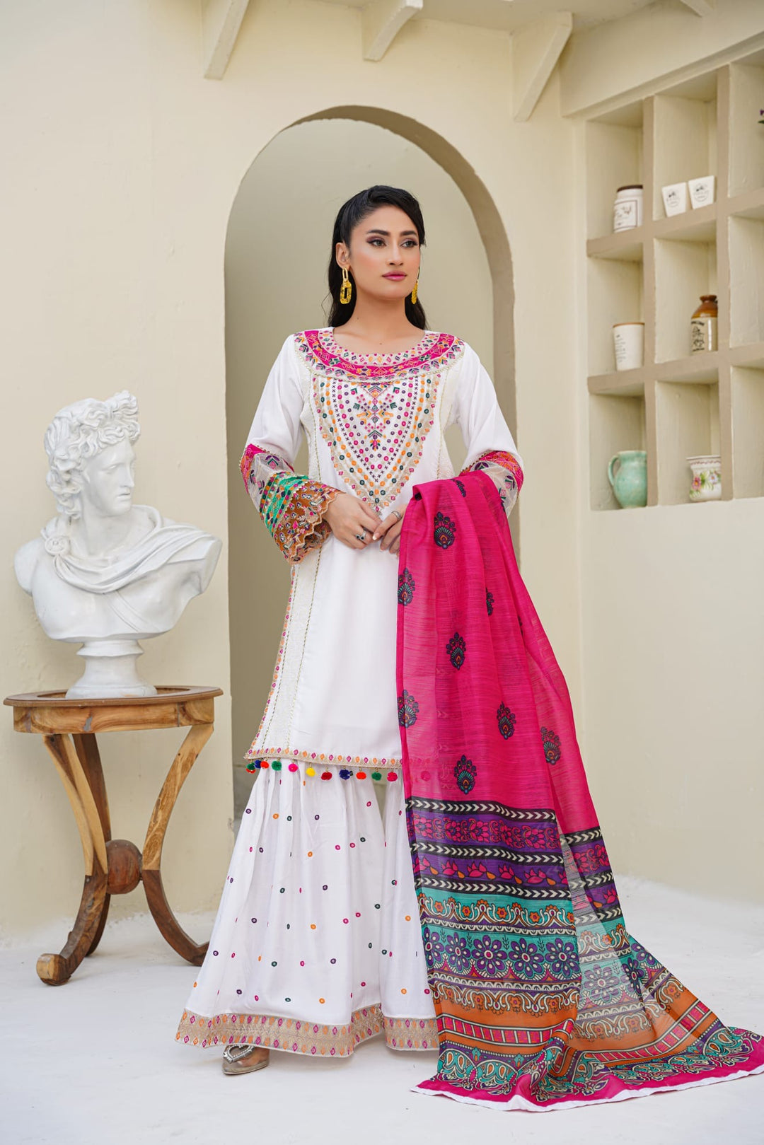 1169B -Embroidered Linen Cotton 3 Piece Gharara suit
