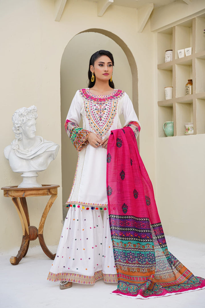 1169B -Embroidered Linen Cotton 3 Piece Gharara suit
